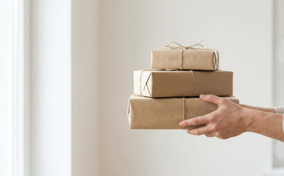 Person holding a stack of parcel boxes wrapped in brown paper for delivery and shipping concept