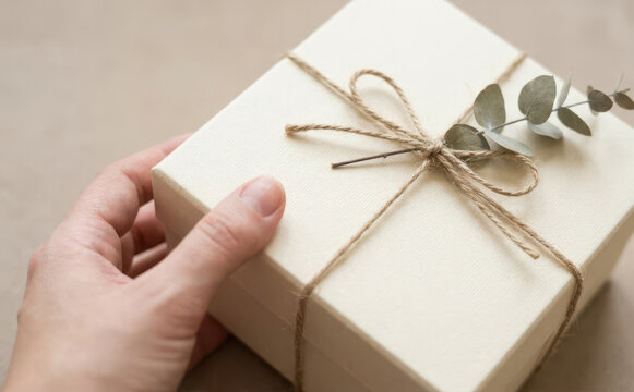 Minimalist handcrafted gift box tied with rustic twine and decorated with a small eucalyptus sprig