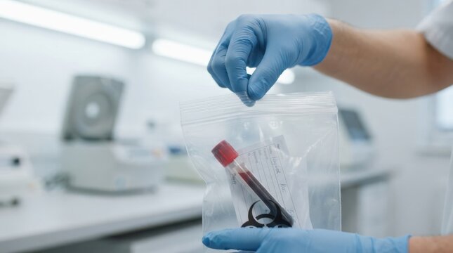 Laboratory technician holding a biohazard specimen bag with a blood test tube for medical research