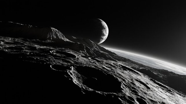 Craters on lunar surface with planet earth rising in background during deep space mission