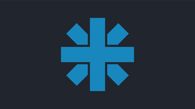Blue medical cross and asterisk icon. Star of life symbol with cross overlay on dark background. Flat vector illustration for healthcare, pharmacy, emergency services, and first aid applications.
