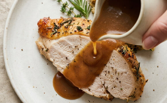 Roast turkey breast sliced and served with homemade savory gravy poured from a boat for holiday dinner