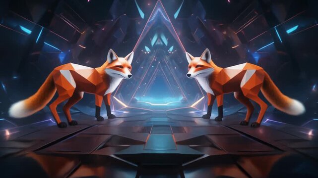 Futuristic Red Foxes in Neon Cyberpunk Sci-Fi Tunnel