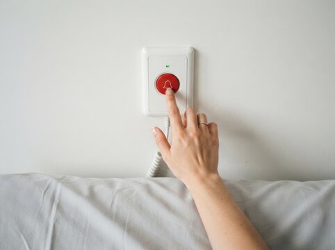 Hospital patient pushing red emergency call button on white wall for medical assistance