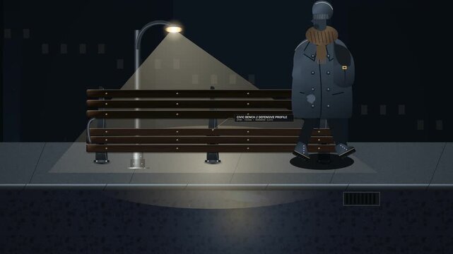 Animation depicting hostile architecture on a civic bench using steel dividers and conical studs to prevent a fatigued homeless pedestrian from resting, highlighting urban social issues
