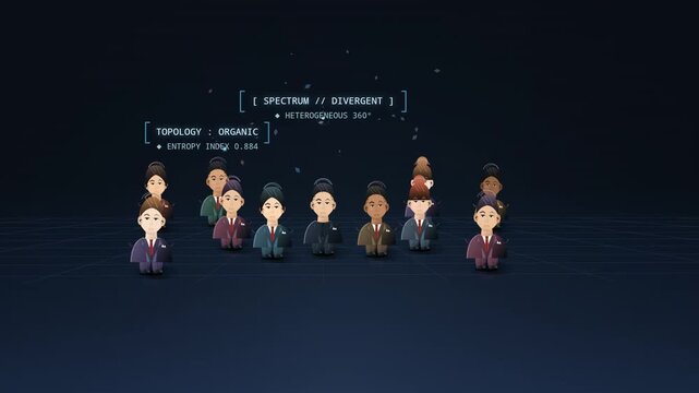 Animation of the echo chamber effect where a diverse group transforms into identical conforming personas with sunglasses due to algorithms, HUD text displaying preference matrix and resonance
