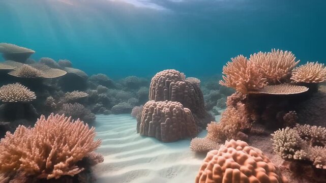 Vibrant Coral Reef Underwater Ocean Scene with Sunbeams and Sandy Seabed