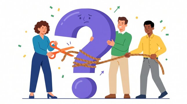 Diverse colleagues cutting rope around a giant question mark symbol