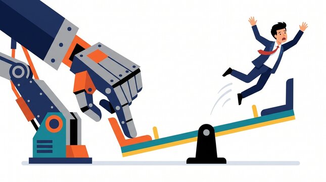 Robotic arm launching a businessman on a seesaw representing automation impact
