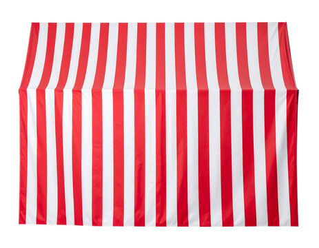 Red striped awning stall canopy for street food market or carnival booth featuring vibrant fabric texture and classic design isolated as a graphic element&nbsp;