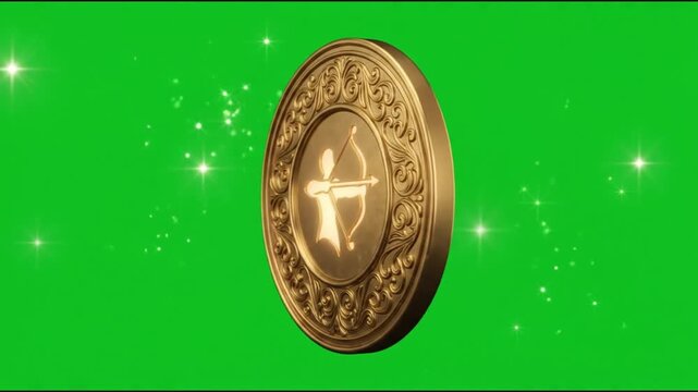 Rotating Sagittarius Zodiac Gold Coin on Green Screen Background.