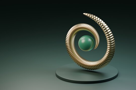 Abstract Geometric Scene with Golden Ribbed Spiral and Floating Green Sphere on Podium Display. 3D render.
