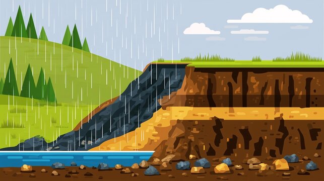 Educational cross-section illustration depicting landslides caused by heavy rain and the structure of geological strata