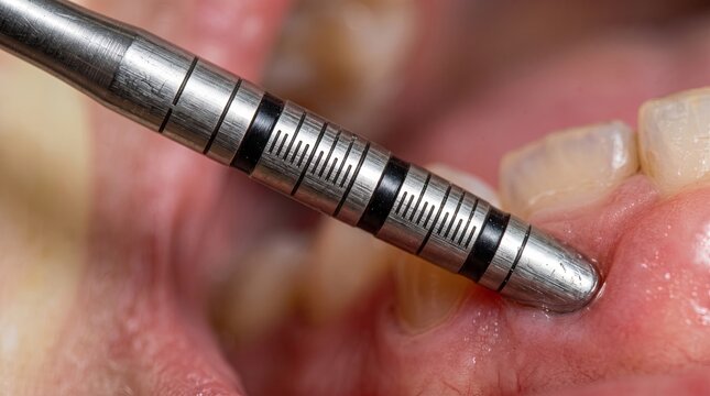 Closeup periodontal probe measuring gum pocket beside lower molar tooth