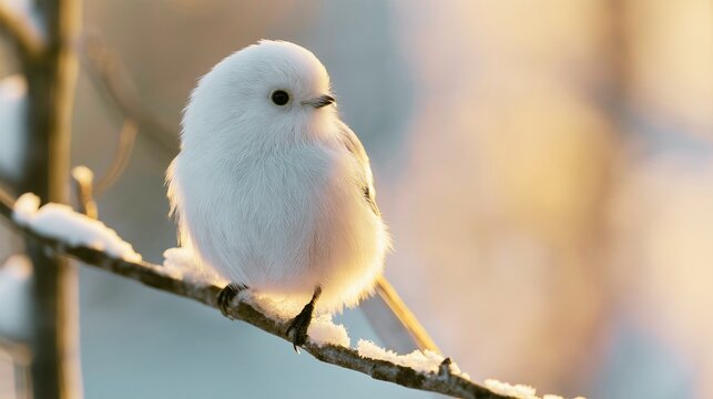 A cute Shima Enaga (Long-tailed Tit) perched on a winter tree branch bathed in morning light