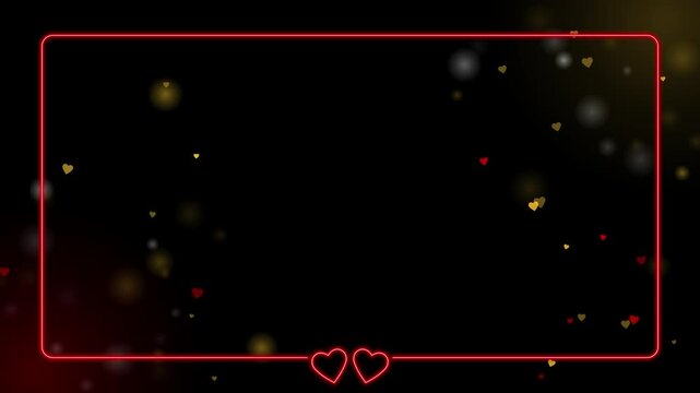 Neon heart frame with glowing border and romantic bokeh particles
