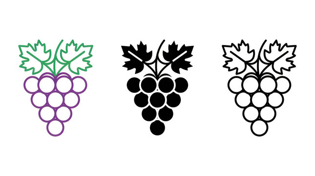 Three grape cluster vector icons with leaves