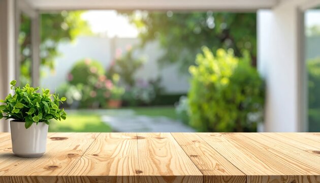 Potted plant on wooden table with blurred garden terrace