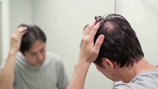Worried Japanese Middle Aged Man Checking Thinning Hair on Crown in Mirror, 4K, Seamless loop, Copy Space on the top, Vertical Video