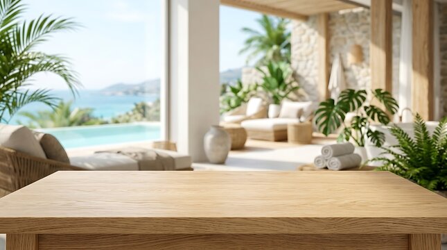 Wooden table top mockup in front of luxury tropical resort patio pool realistic 3D render for product presentation deck