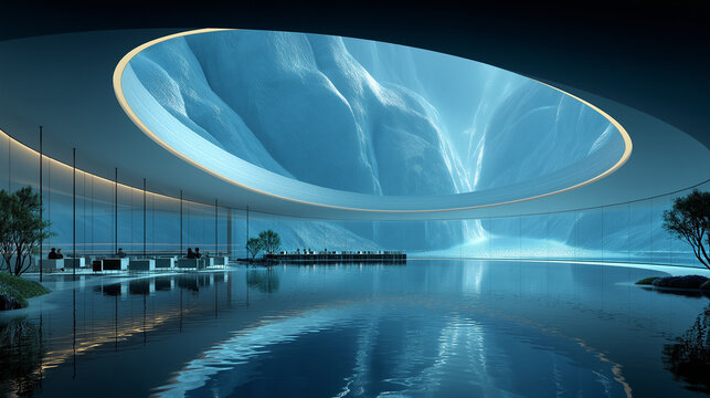 Futuristic Building Interior with Water Feature: An awe-inspiring futuristic building interior, featuring a large, illuminated, oval-shaped opening in the ceiling that mimics a natural ice cave.