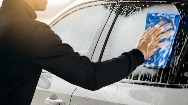 Detail-oriented person meticulously washing a white car's side panel with a blue sponge and copious soap suds, ensuring a spotless and shining clean exterior