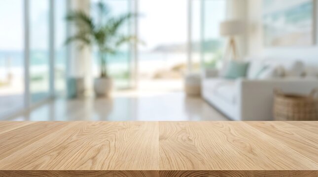 Empty Wooden Tabletop Display with Blurred Modern Beach House Living Room Background for Product Mockup Presentation