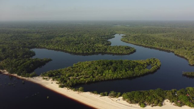 Remote Amazonian Beach with Brilliant White Sand and Dark River Waters