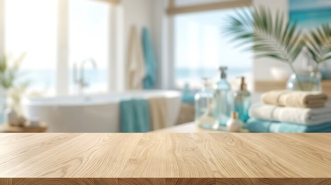 Empty wooden table top with blurred bathroom spa background for product display in sunny tropical coastal beach house.