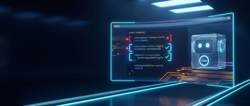 Software development screen, glowing holographic code editor displaying programming syntax and algorithms. Futuristic developer workspace optimizes automated script compilation at dark.