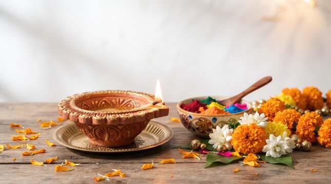 Diwali celebration with traditional diya lamp and marigold flowers