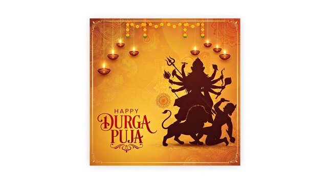 Happy durga puja greeting card with silhouette of goddess durga