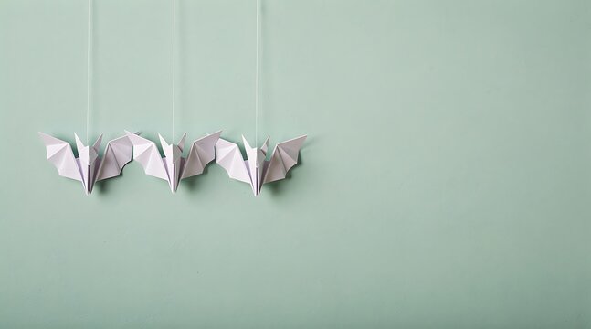 Delicate paper origami bats hang suspended against a soft pastel backdrop creating a whimsical and minimalist visual.