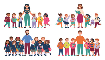 Fototapeta premium Back to school vector collection featuring diverse children elementary students group standing with male and female teachers holding backpacks.