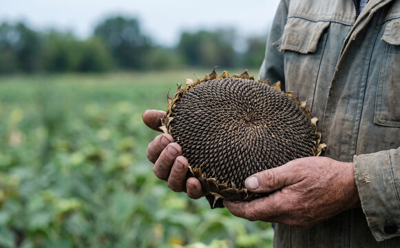 Middle-aged male farmer holding a ripe harvested sunflower head with mature seeds in an agricultural field