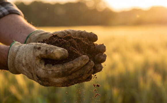 Farmer holding rich fertile soil in hands outdoors at sunset, representing agriculture, farming and sustainability