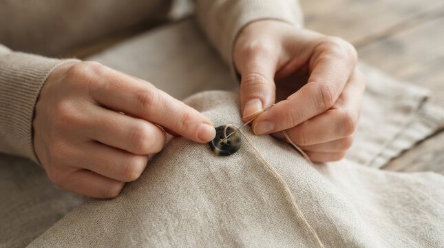 Close-up of caucasian woman hands sewing a button on linen fabric, handmade clothing repair concept