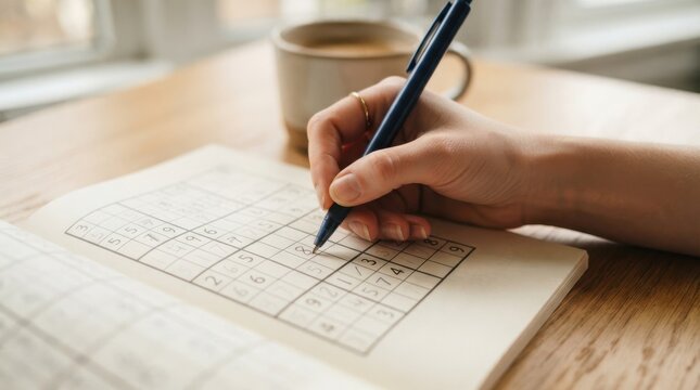Young woman solving a sudoku puzzle in a notebook with a pen at a wooden table next to a coffee mug
