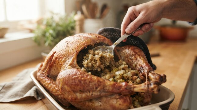 Person stuffing a roasted Thanksgiving turkey with dressing for holiday dinner
