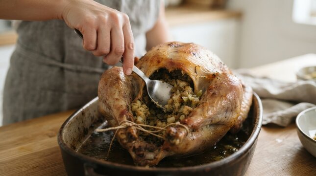 Woman stuffing a roasted turkey with herb dressing for Thanksgiving dinner celebration