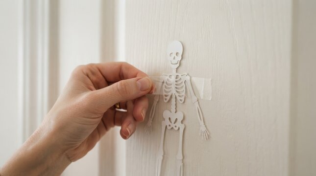 Hand taping paper skeleton cutout on door for Halloween decoration preparation concept