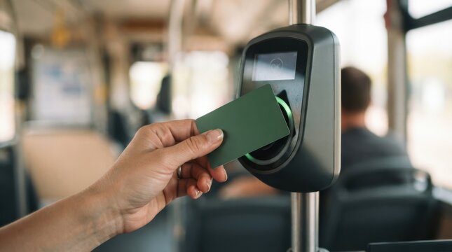 Passenger scanning contactless smart card on ticket validator machine inside public bus for transit fare payment