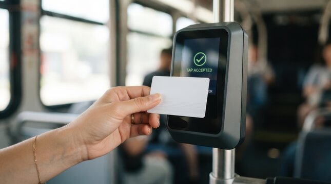 Woman using contactless card for transit fare payment on a public bus validation terminal