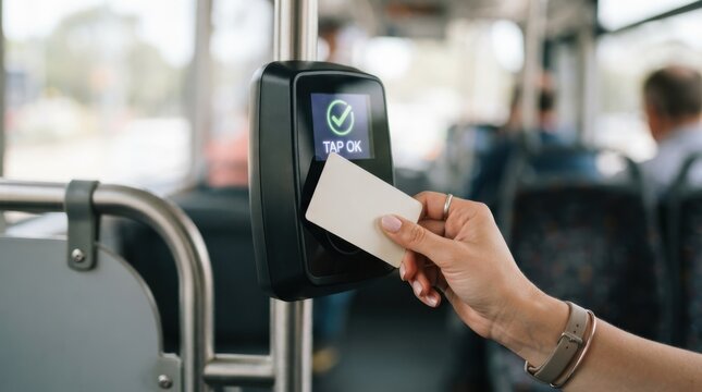 Woman paying bus fare with contactless smart card on public transport validator machine