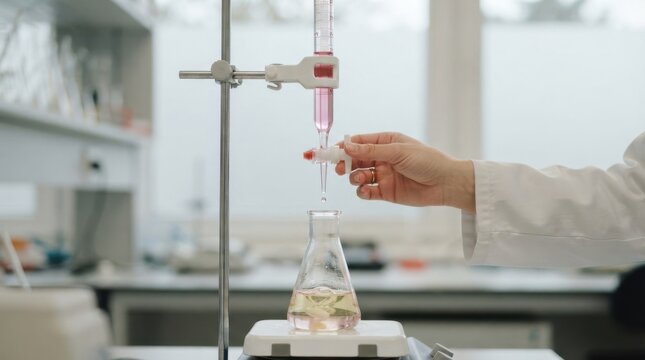 Chemical titration experiment in a science laboratory with a buret and Erlenmeyer flask