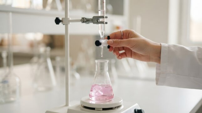 Female scientist performing chemical titration in a laboratory using a burette and Erlenmeyer flask for research