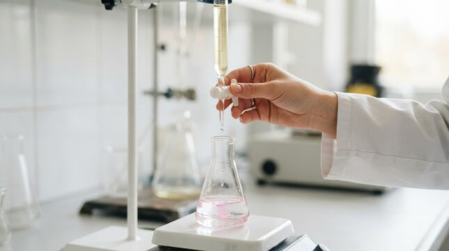 Female scientist performing chemical titration in a laboratory using a burette and Erlenmeyer flask for scientific research