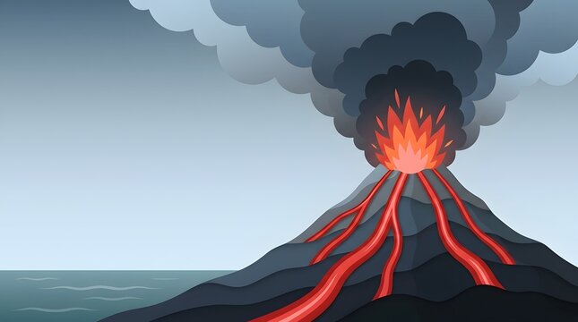 Volcano erupting with lava flows and smoke clouds