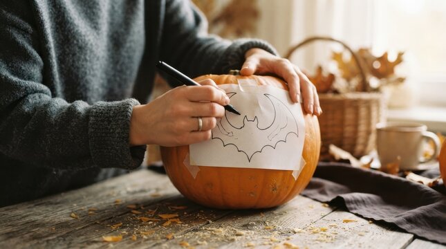 Woman tracing a bat stencil onto a Halloween pumpkin for carving at a rustic wooden table