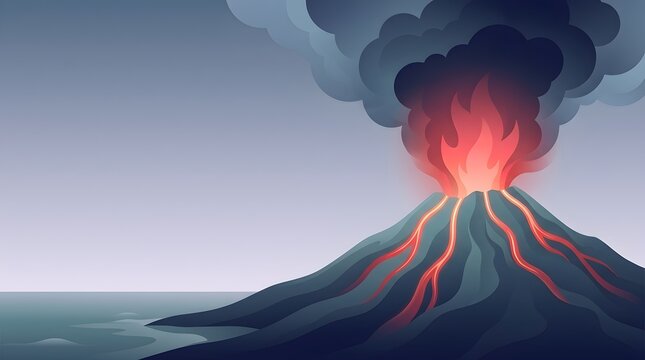 Volcano erupting with lava and smoke over the ocean